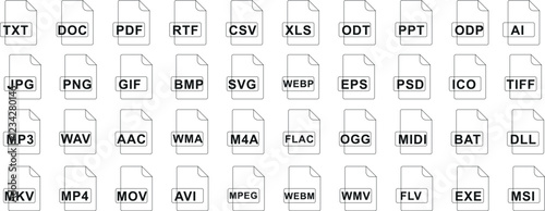 File format line icon set, Collection of file type icons like PDF, PNG, MP3, DOC, XLS, JPG, GIF, AVI. Perfect for digital projects, presentations, or software resources