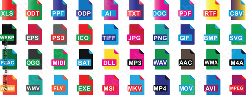 File icon vector set, diverse file formats including text, document, image, audio, video, and executable icons. Modern, versatile collection for designers, marketers, developers, tech professionals