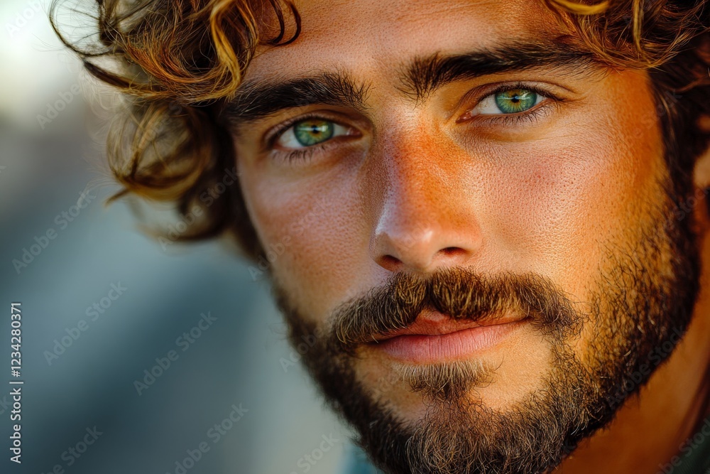 Handsome man with curly hair and striking blue eyes poses against a blurred background during daylight Handsome man with curly hair and striking blue eyes poses against a blurred background during daylight