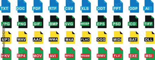 File type icon set, file format vector illustration for document, audio, video and image. TXT, DOC, PDF, RTF, CSV, XLS, ODT, PPT, ODP, AI, JPG, PNG, GIF, BMP, SVG, WEBP, EPS, PSD, ICO, TIFF, MP3, WAV