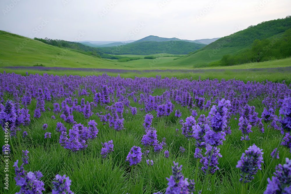 Naklejka premium Serene Lavender Field Against Rolling Hills