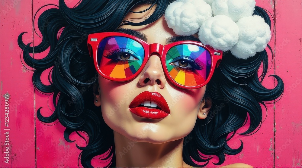 Fototapeta premium Pop-art-inspired portrait of a woman with bold red lips, curly hair, and reflective red sunglasses, set against a bright pink background with geometric and artistic elements 