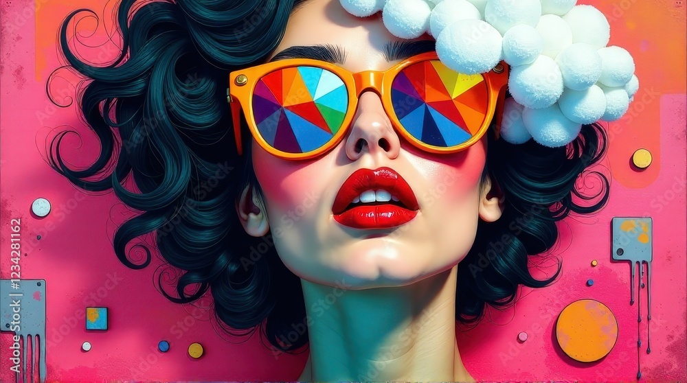 Obraz premium Fashionable digital artwork of a woman wearing colorful geometric sunglasses, bold red lips, and curly hair, against a vivid pink background with creative artistic elements.