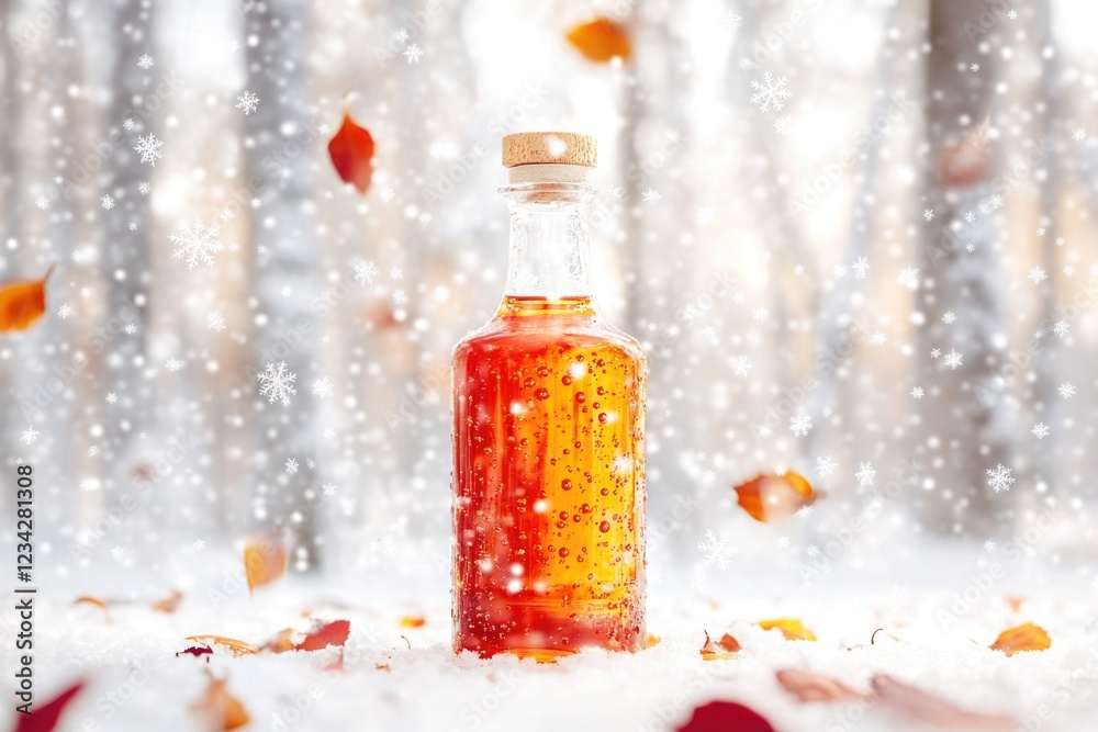 A bottle sits atop a snowy surface, perfect for winter scenes or outdoor settings A bottle sits atop a snowy surface, perfect for winter scenes or outdoor settings