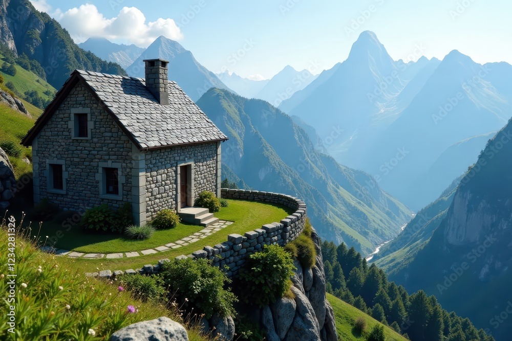 Fototapeta premium Stone building with slate roof on mountainside, slope, mountain range