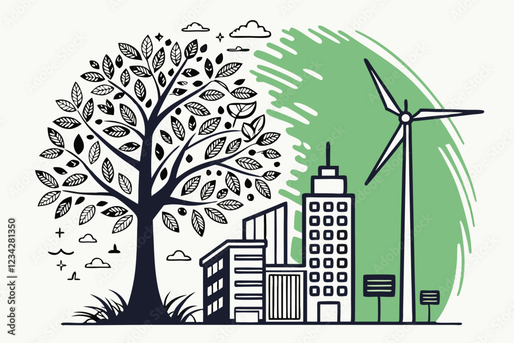 1 Urban transformation, eco-friendly architecture, green building design, sustainable city, industrial to natural transition, wind turbine, tree of life, watercolor splatter effect, architectural sket