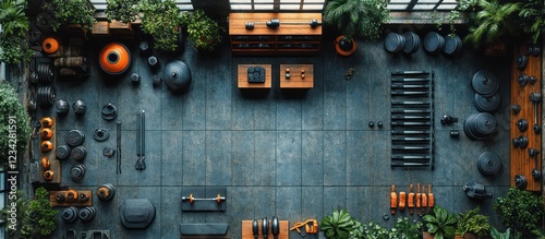 Aerial view of a fitness center with various workout equipment and plants.. photo