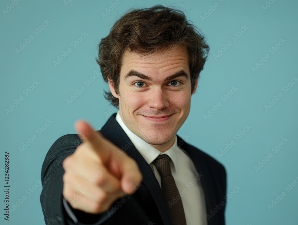 Young Man in Business Attire Giving a Thumbs-Up and Pointing with Confidence Young Man in Business Attire Giving a Thumbs-Up and Pointing with Confidence