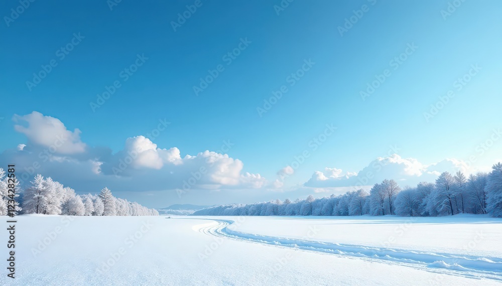 Winter landscape with a clear blue sky and a few wispy clouds scattered across the horizon, gentle, winter, clouds Winter landscape with a clear blue sky and a few wispy clouds scattered across the horizon, gentle, winter, clouds