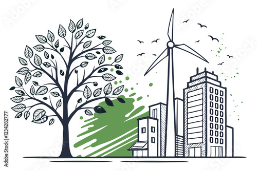 1 Urban transformation, eco-friendly architecture, green building design, sustainable city, industrial to natural transition, wind turbine, tree of life, watercolor splatter effect, architectural sket