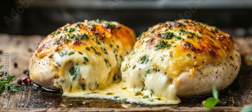 Hasselback chicken breast stuffed with mozzarella and herbs, cooking on wooden board photo