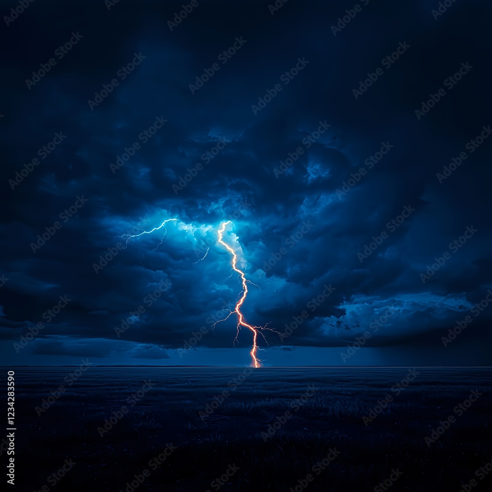 Fototapeta premium Fiery Lightning Strike Across Night Sky