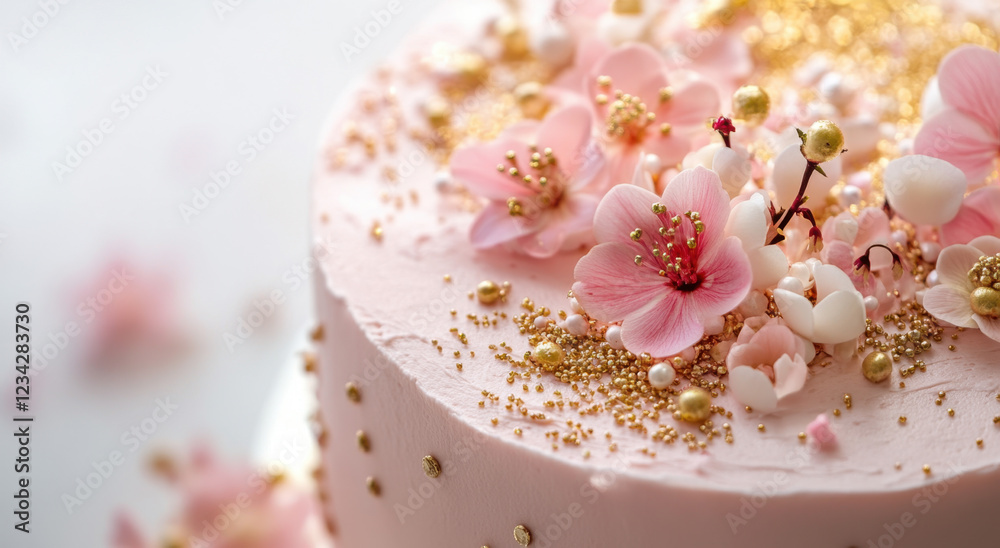A beautifully crafted pink and gold cake features delicate edible flowers and sparkling sprinkles on top, creating a stunning centerpiece ideal for celebrations and special occasions A beautifully crafted pink and gold cake features delicate edible flowers and sparkling sprinkles on top, creating a stunning centerpiece ideal for celebrations and special occasions