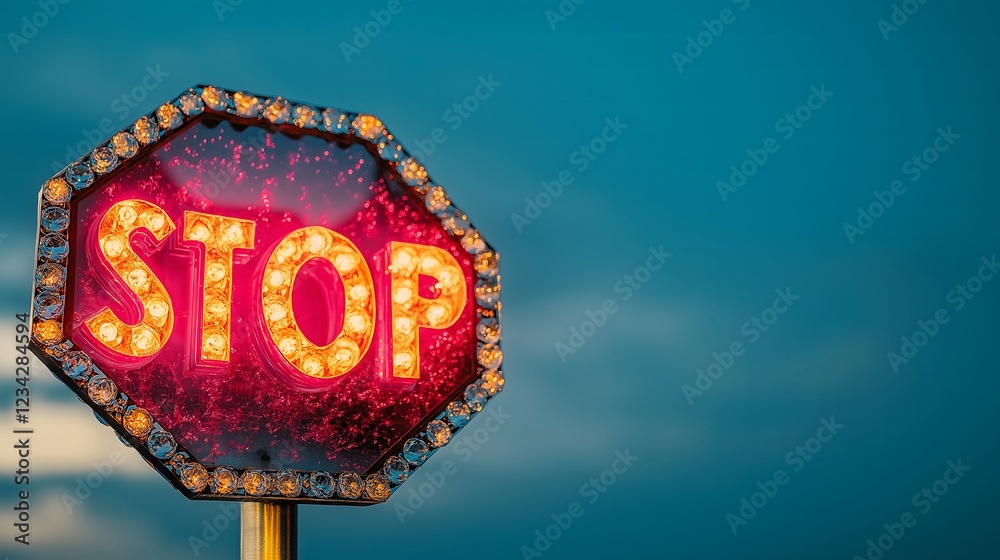 STOP sign made of zircons and lights on the left side against the blue sky. Copy space, transportation, mental health concept.