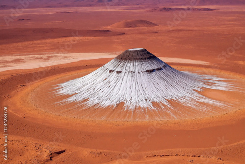 barren arid landscape with conical hill covered in snow or frost