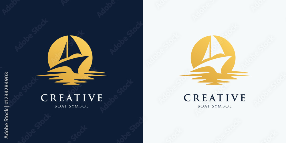 Naklejka premium Abstract sailling boat with water sea ocean wave logo design