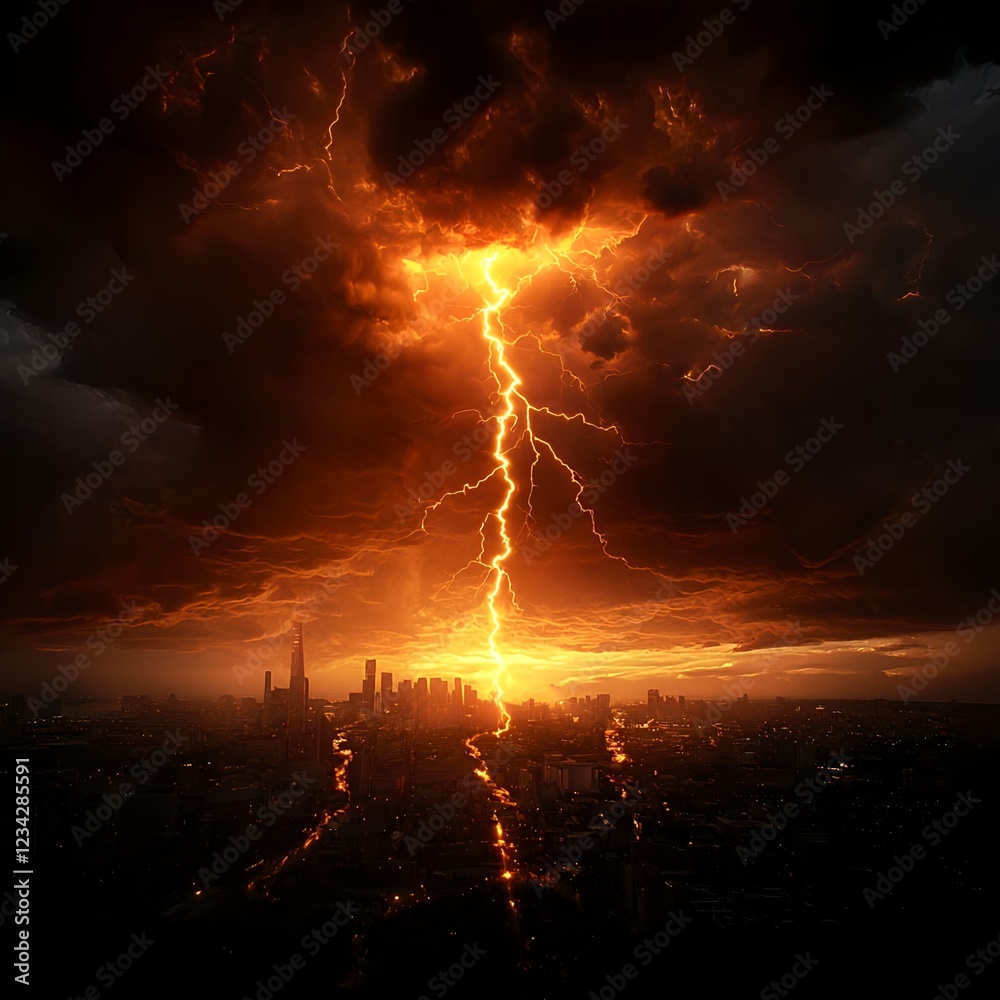 Fototapeta premium Fiery Lightning Strikes Cityscape at Night