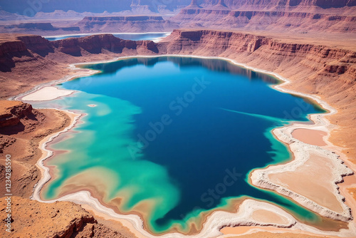 Aerial view of lake surrounded by arid mountains and clear water
