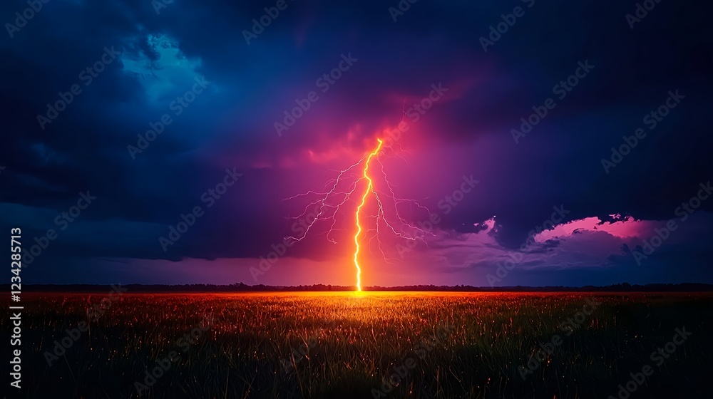 Fiery Lightning Strikes Dark Night Field Fiery Lightning Strikes Dark Night Field