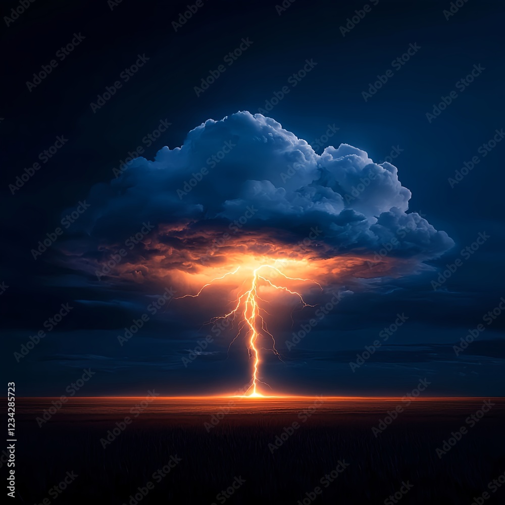 Fototapeta premium Fiery Lightning Strikes Dark Night Sky