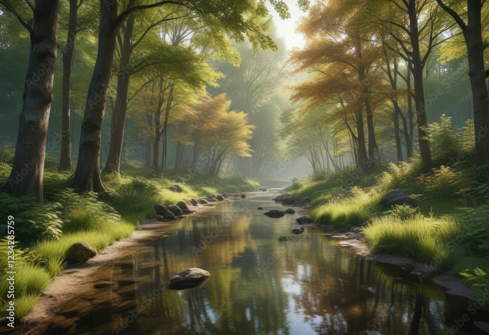 serene forest scenery with tall deciduous trees and a gentle stream that flows into a pond, tree, water, forest serene forest scenery with tall deciduous trees and a gentle stream that flows into a pond, tree, water, forest