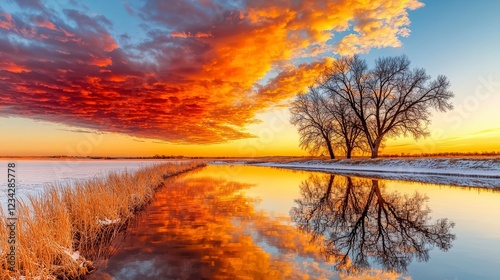 Fiery Sunset over Snow Covered Landscape with Tree Reflections