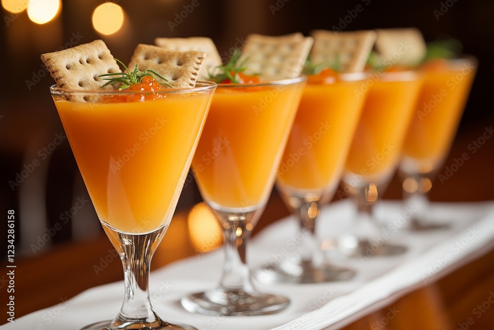 Elegant orange soup served in glass cups with crackers and garnish at a refined dining venue Elegant orange soup served in glass cups with crackers and garnish at a refined dining venue