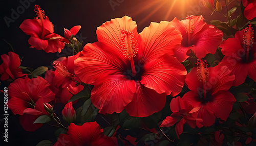 Very colorful seamless pattern of tropical red flowers