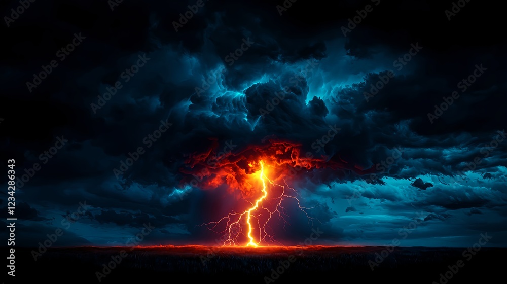 Fototapeta premium Fiery Lightning Strikes Dark Stormy Sky