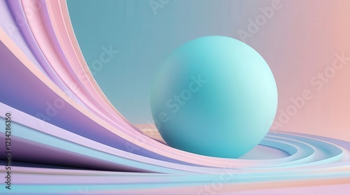 Abstract turquoise sphere resting within soft, flowing pastel ribbons. The design emphasizes balance, elegance, and motion, combining smooth curves and gradient tones in a serene, minimalist compositi photo