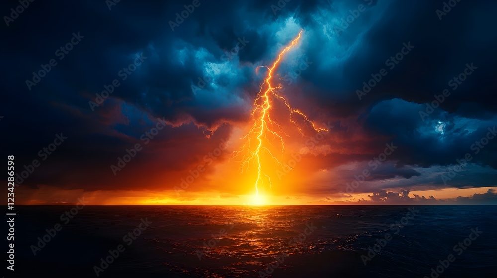 Obraz premium Fiery Lightning Strikes Ocean Sunset