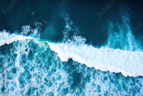 Aerial view of oceanic scene with turbulent waves and color gradient