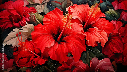 Very colorful seamless pattern of tropical red flowers