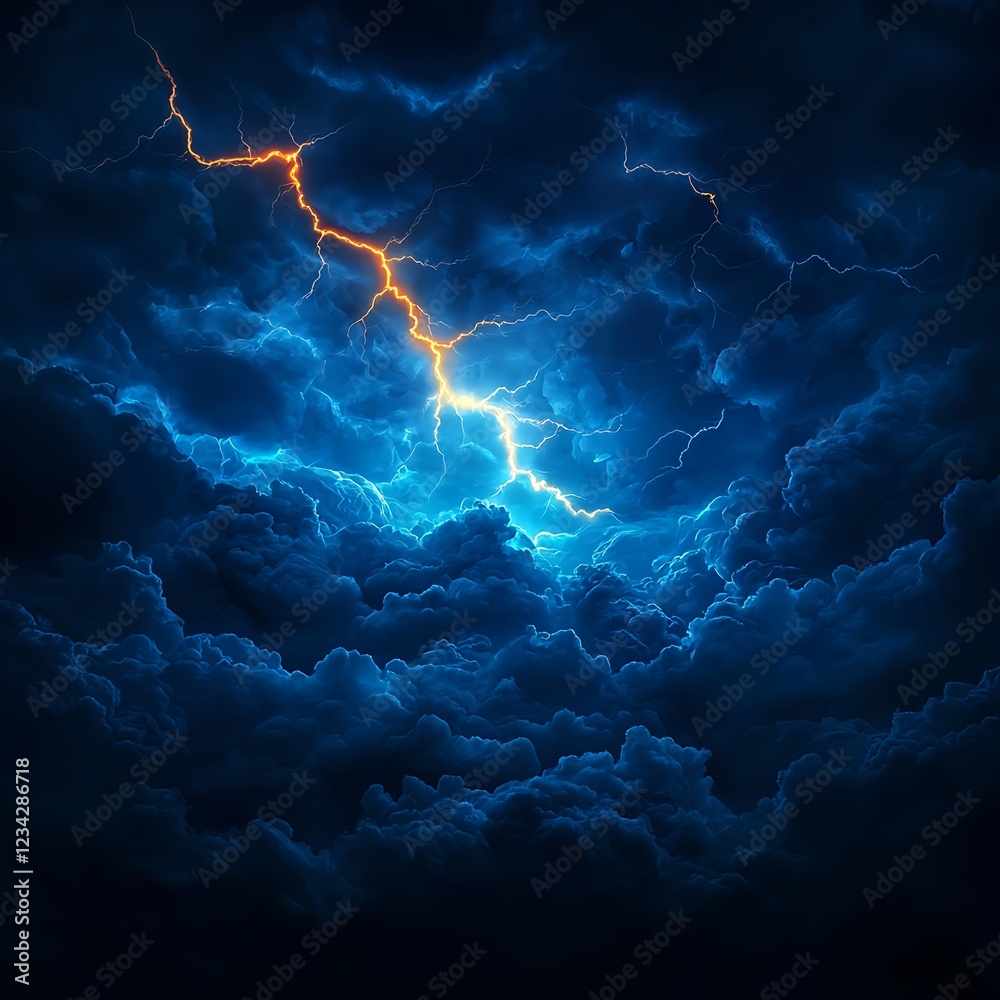 Fototapeta premium Fiery Lightning Strikes Through Dark Blue Clouds