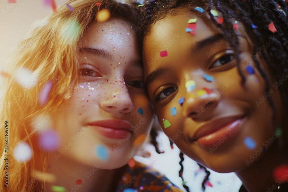 Obraz premium Two women posing for a photo surrounded by confetti, perfect for celebrations or parties