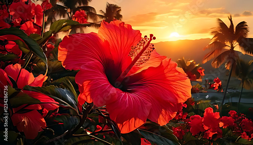 Very colorful seamless pattern of tropical red flowers