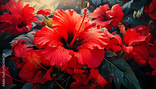 Very colorful seamless pattern of tropical red flowers