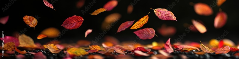 A cluster of autumn leaves in mid-air, suspended by wind or movement A cluster of autumn leaves in mid-air, suspended by wind or movement