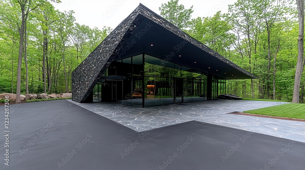 Modern architectural design featuring a unique triangular shape and glass facade. Modern architectural design featuring a unique triangular shape and glass facade.