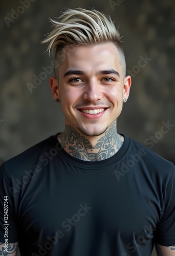 young handsome man wearing a blank black t-shirt, punk,  rock, rock and rock. Suitable for t-shirt design mockup,  edgy, rebellious, attitude, cool, casual, streetwear, minimalist, bold, graphic, sexy