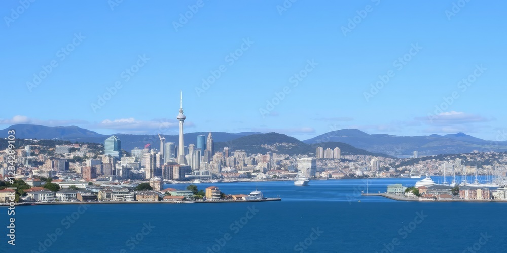 Panoramic view of Wellington city from Evans Bay to Oriental Bay with vibrant skyline and shimmering harbor waters, Wellington, urban, water