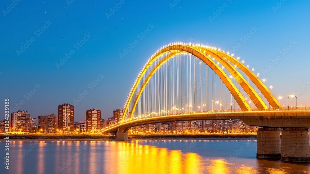 Golden Arch Bridge at Twilight City Skyline Night View Golden Arch Bridge at Twilight City Skyline Night View