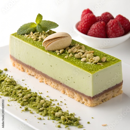 pistachio and white chocolate mousse cake, elegantly covered with a smooth layer of glossy green pistachio ganache. 
