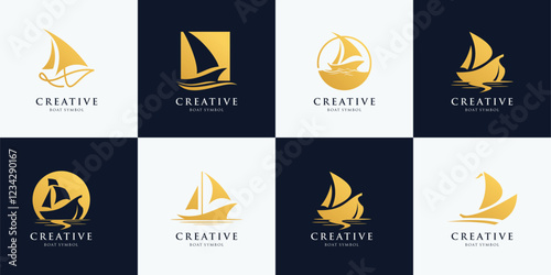  Sail Boat Ship Vessel and Sea wave for Ocean Sailing Adventure Travel Trip Transportation logo design