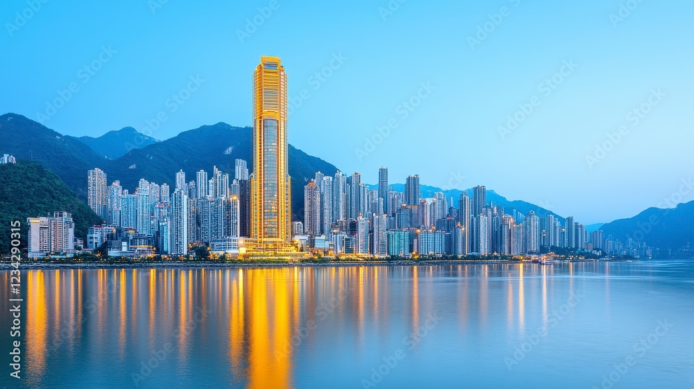 Obraz premium Golden Skyscraper and City Skyline at Dawn