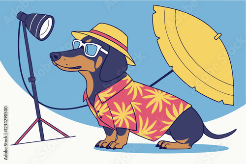 Dachshund dog, Hawaiian shirt, yellow bucket hat, white sunglasses, blue background, studio lighting, humorous pet portrait, anthropomorphic, vacation attire, whimsical, high-detail, vibrant colors,