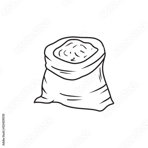 Tissue bag with flour drawing in black isolated on white background. Hand drawn vector sketch illustration in doodle engraved vintage line art style. Concept of farm, agriculture, food, bakery.