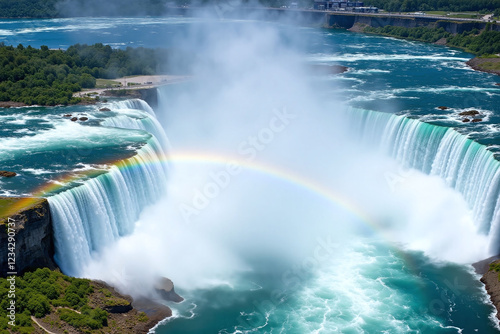 breathtaking scene of Niagara Falls with turquoise water and rainbow