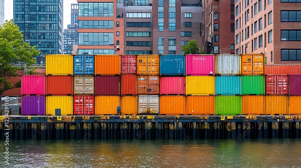 Fototapeta premium Container Cargo freight ship in harbor with cityscape background at twilight time.