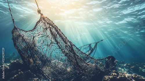 Submerged Fishing Net: A Serene Underwater Scene photo